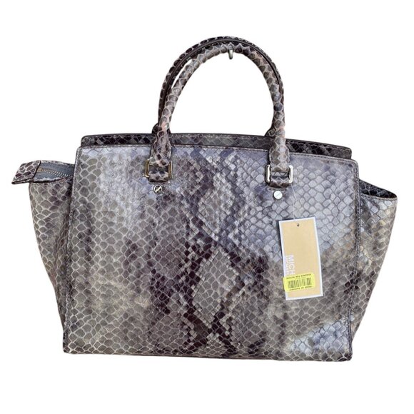 NWT Michael Kors Selma Large Satchel Genuine Leather DK Slate Snake Print New - Picture 2 of 13